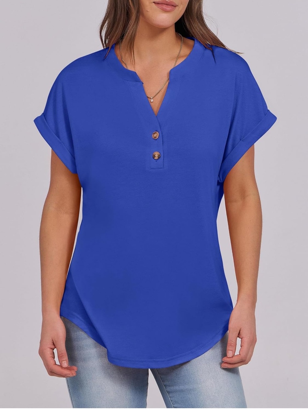 ANRABESS Short Sleeve Henley Top V Neck Dressy Casual Blouses Summer Trendy Tee - Picture 2 of 11